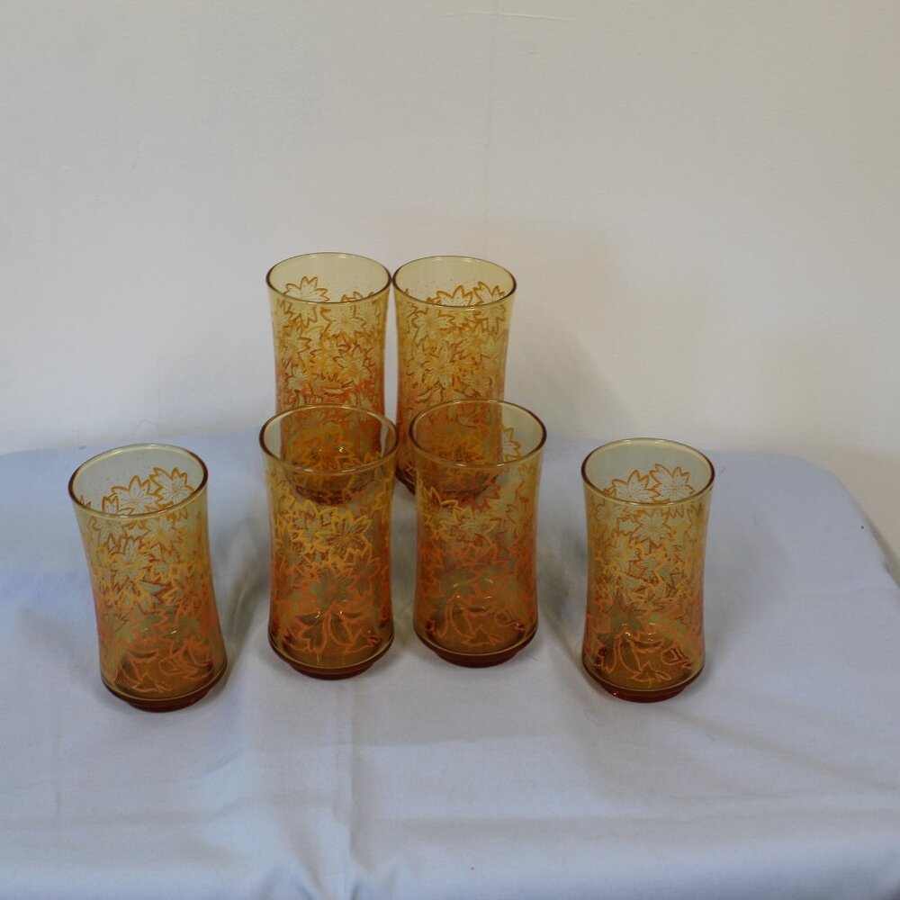 Vintage Libbey Amber Ombre Floral Glasses – Set of 6 – 1970s – 5" – 11 oz – EUC